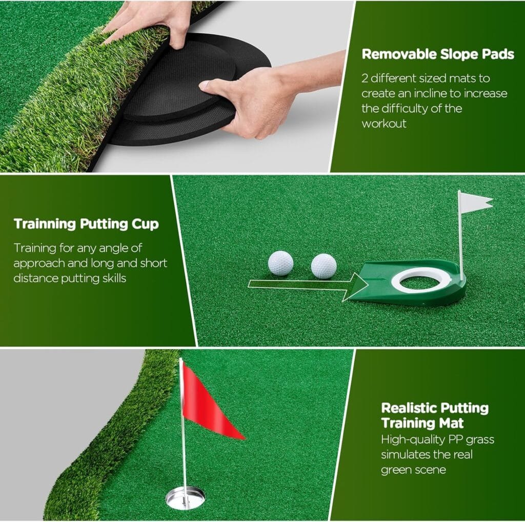 Golf Putting Green, 5x10ft Professional Training Mat Golf Practice Putting Mat for Indoor Outdoor with 3 Flags 1 Movable Golf Cup 2 Slope Pad