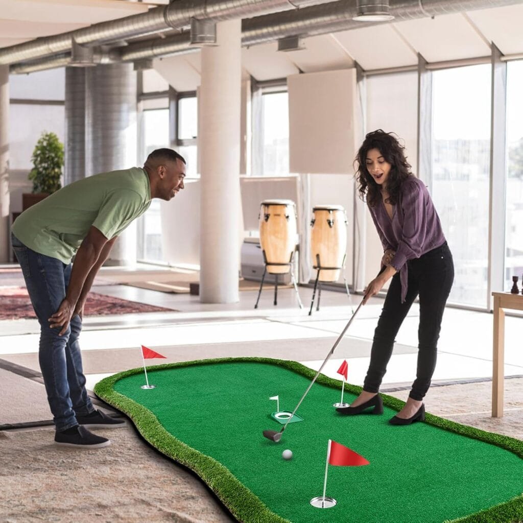 Golf Putting Green, 5x10ft Professional Training Mat Golf Practice Putting Mat for Indoor Outdoor with 3 Flags 1 Movable Golf Cup 2 Slope Pad