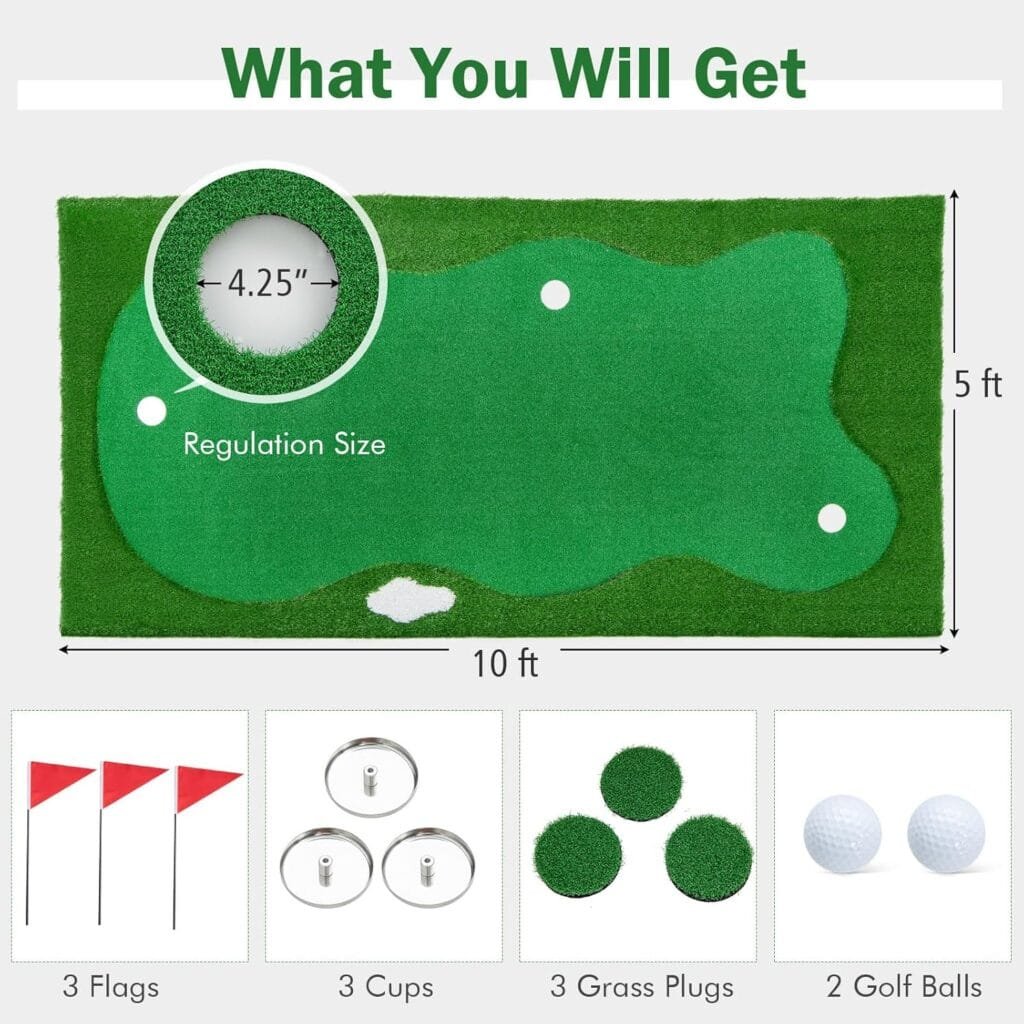 Tangkula 10 FT Golf Putting Green, Large Professional Golf Training Mat with Realistic Artificial Grass Turf, 3 Holes, 3 Flags and Cups for Indoor Outdoor Putting Practice