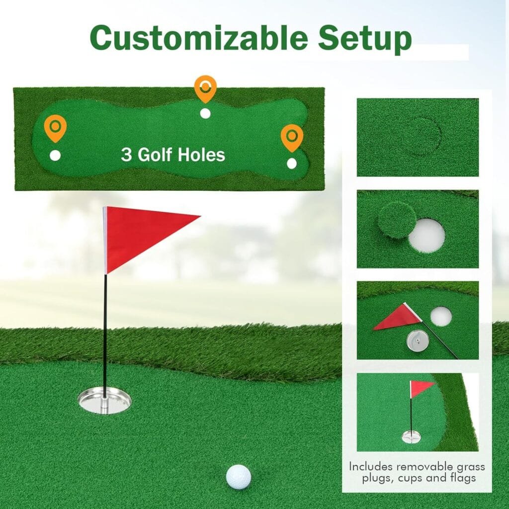 Tangkula 10 FT Golf Putting Green, Large Professional Golf Training Mat with Realistic Artificial Grass Turf, 3 Holes, 3 Flags and Cups for Indoor Outdoor Putting Practice